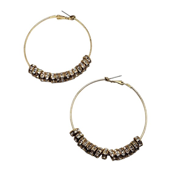 Large Gold Tone Rhinestone Charms Pierced Hoop Earrings 2 3/4" - Picture 1 of 9